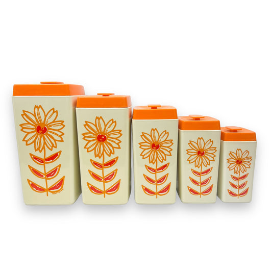 Vintage Nylex Orange Flower Plastic Kitchen Canister Set of 5 - Made in Australia