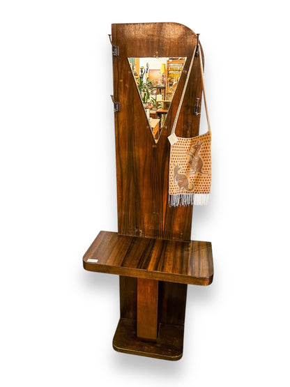 Art Deco Wood Veneer Hallway Stand with Mirror & Hooks