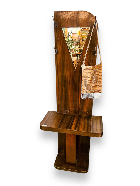 Art Deco Wood Veneer Hallway Stand with Mirror & Hooks