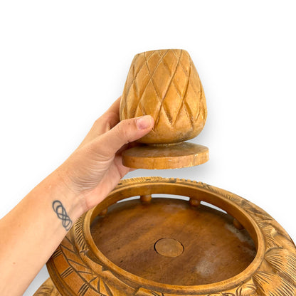 Wooden Tiki Monkey Pod Two Tier Lazy Susan Server
