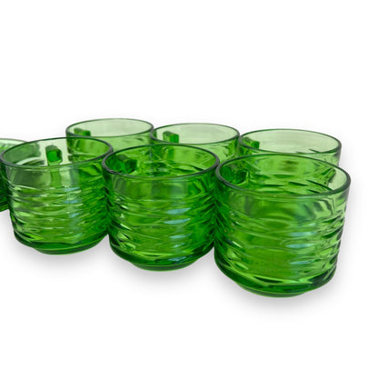 Green glass teacups x6 and 5 matching source plates - made in France