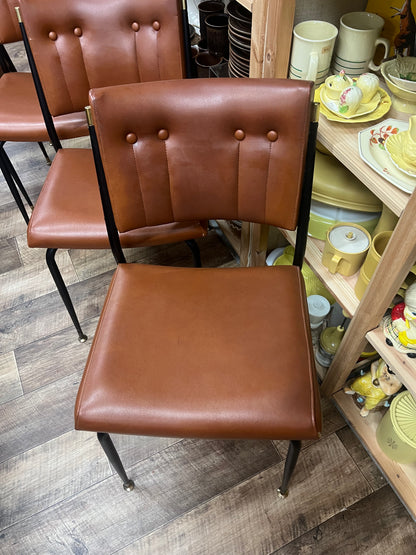 Set of 4 Mid Century Brown Vinyl Dining Chairs with Black Metal Frames