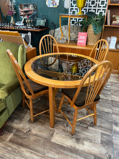 Wooden Round Glass Top Dining Table & 4 Chairs with brown velvet cushions