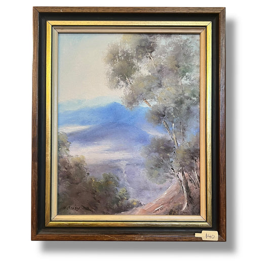 Australian Landscape Reproduction Painting by M. Beasy – Mountain View with Gum Trees