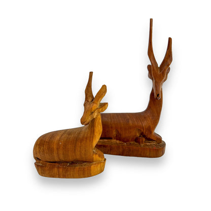 Carved Wooden Laying Antelope Statue Pair