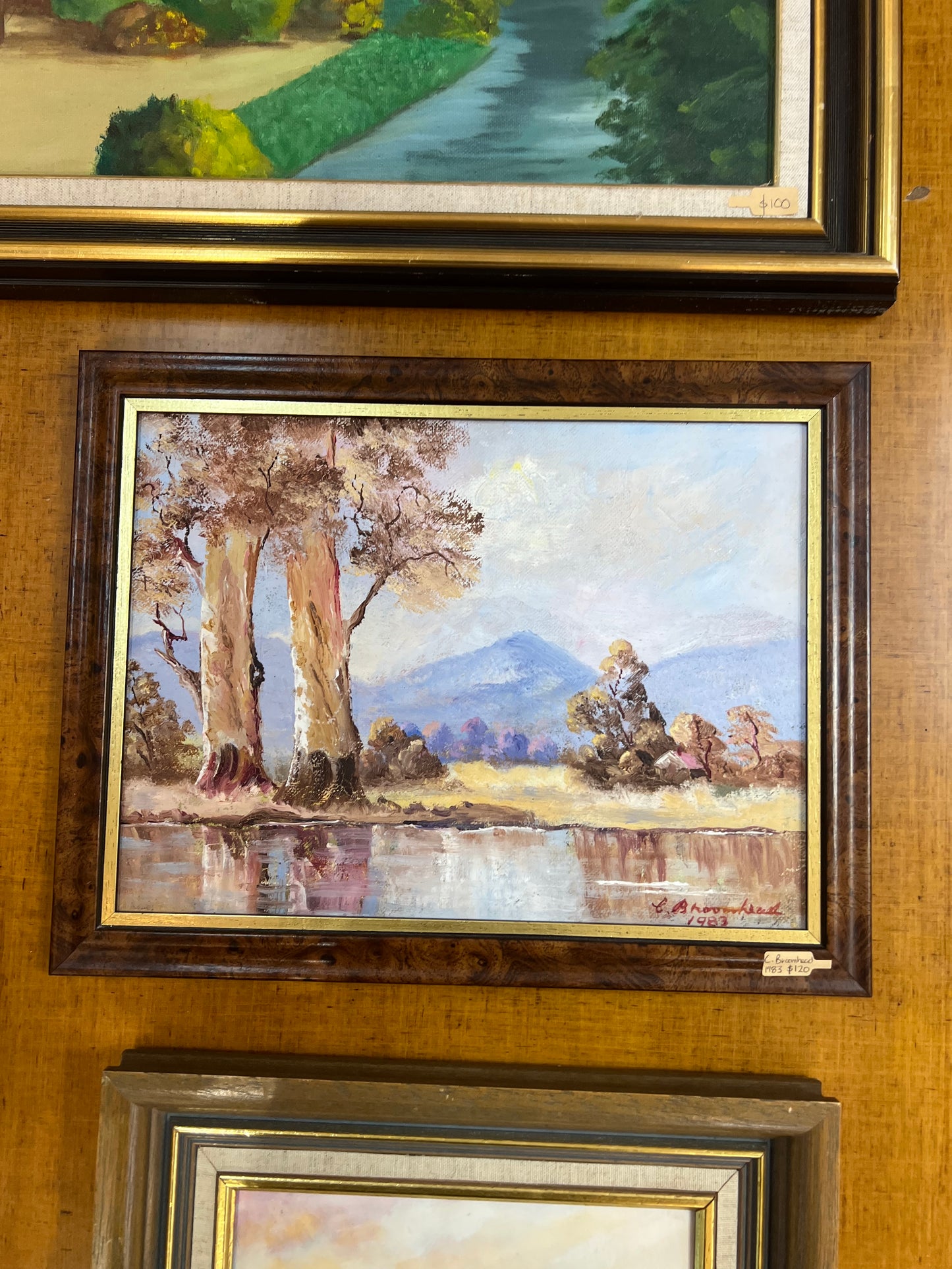 Australian Landscape Oil Painting with Water and Mountains in the distance– Signed L. Brownhead 1983