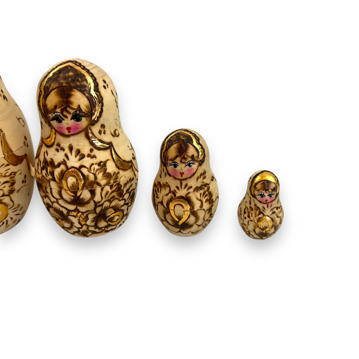 Russian Matryoshka Nesting Dolls Set of 5 - Hand-Painted Gold and Brown Floral Design