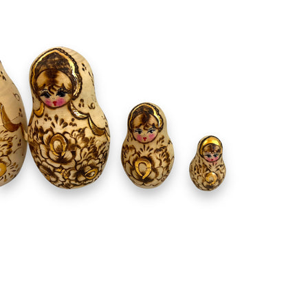 Russian Matryoshka Nesting Dolls Set of 5 - Hand-Painted Gold and Brown Floral Design