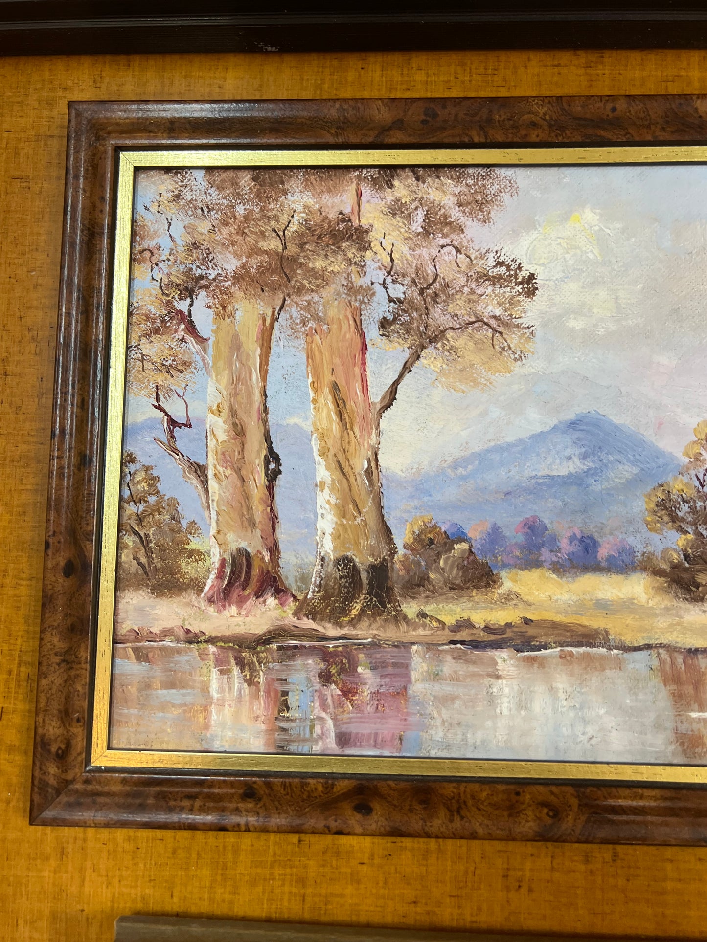 Australian Landscape Oil Painting with Water and Mountains in the distance– Signed L. Brownhead 1983