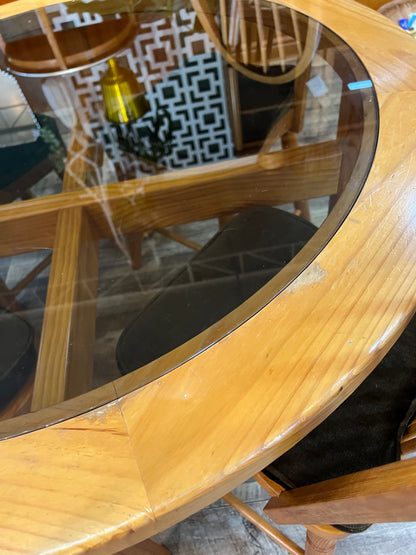 Wooden Round Glass Top Dining Table & 4 Chairs with brown velvet cushions