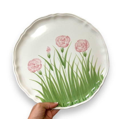 Hand-Painted Italian Ceramic Plate – Pink Carnations & Grass Design, Made in Italy