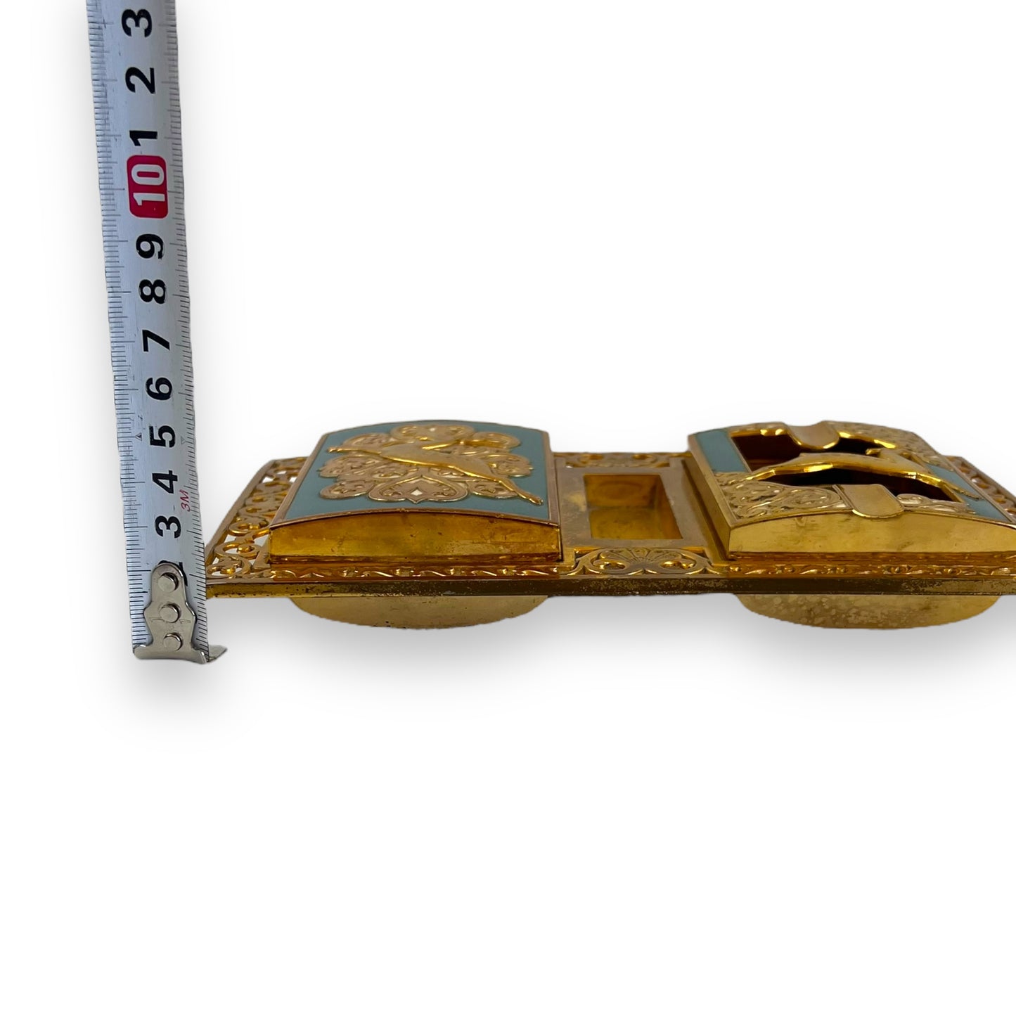 Brass Ornate Cigarette Holder, Lighter, and Ashtray with Leaping Deer Design – Elegant Mid-Century Smoking Set