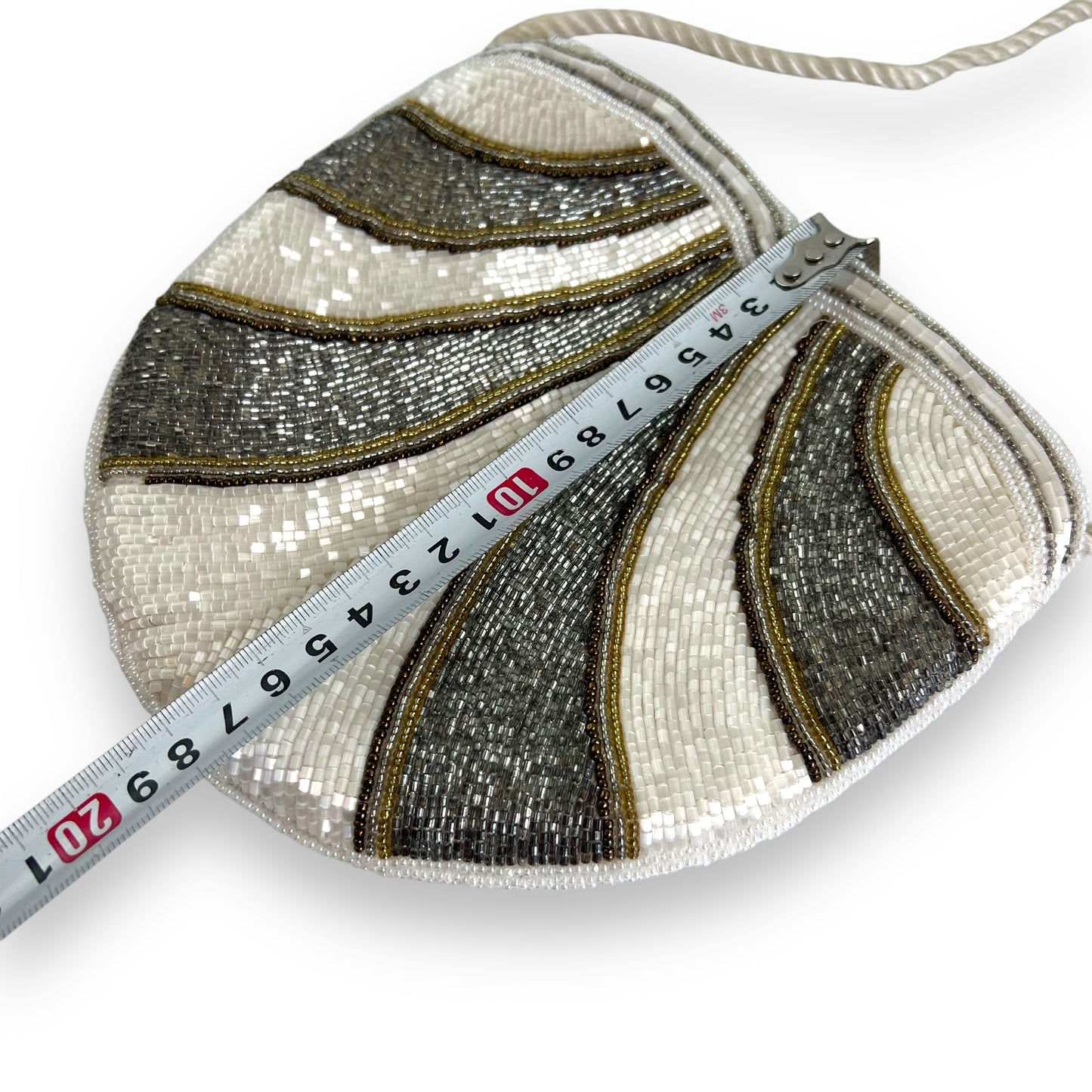 Silver, white & Gold Beaded evening Bag with white cord should strap