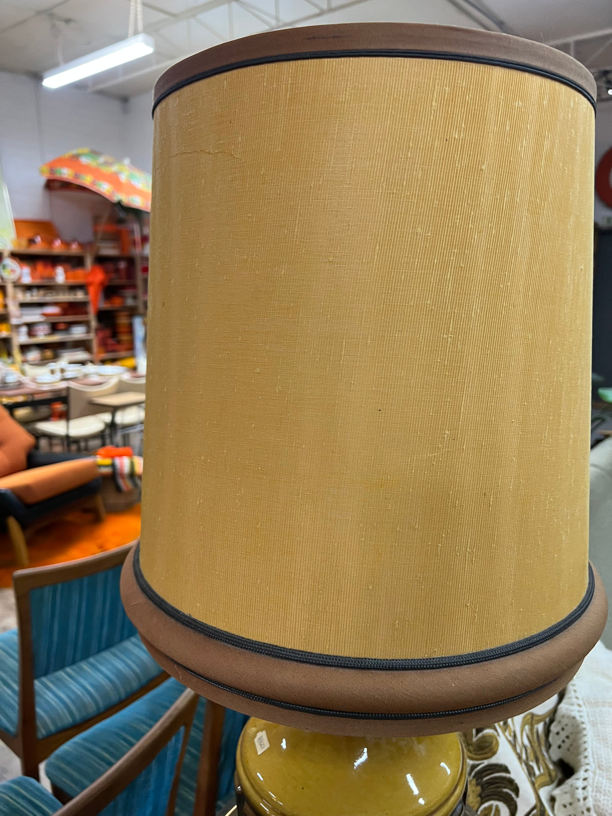 1970s Mustard & Brown Ceramic Table Lamp with Original Shade