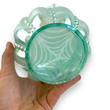 Fenton Opalescent Optic Sea Mist Green Beaded Melon Vase - Iridescent Ruffled Edge