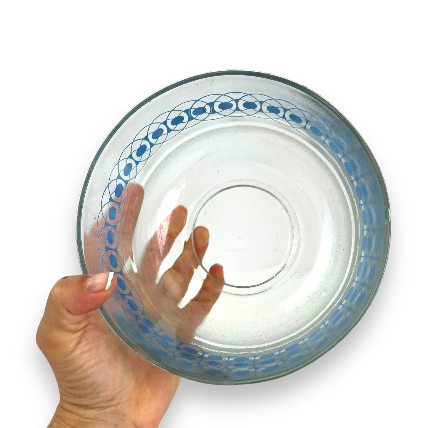 Blue circle patterned clear glass mixing bowl