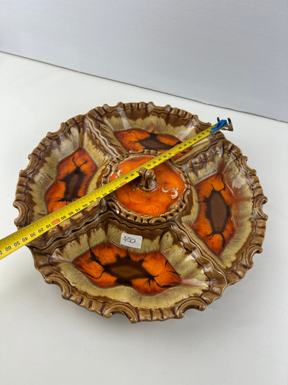Ceramic Divided Serving Platter with Lidded Centre Bowl – Orange & Brown