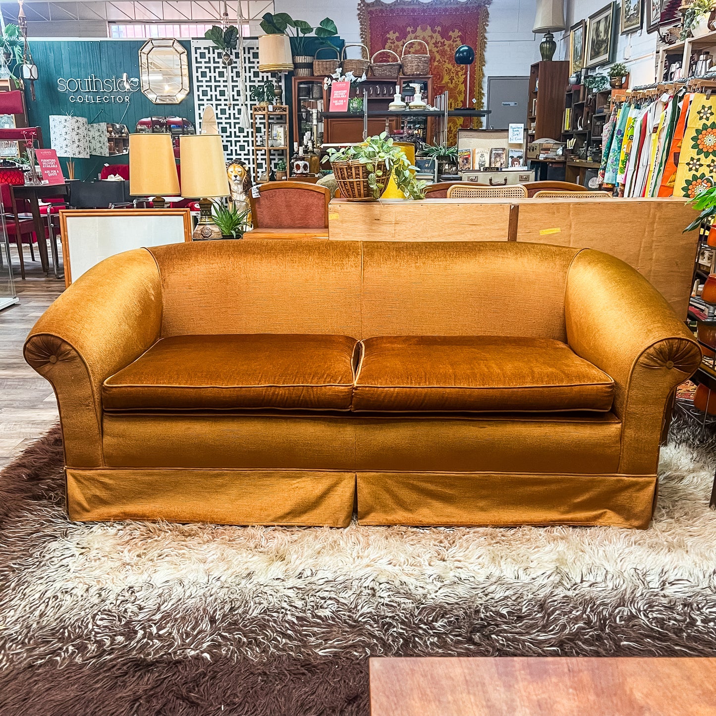 Brown-Gold Velvet Sofa with Rolled Arms