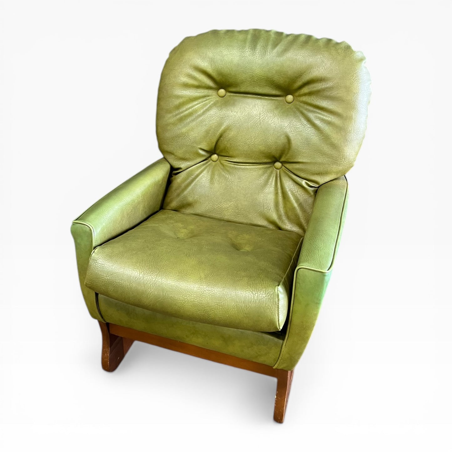 Olive Green Vinyl Lounge Armchair with Timber Sleigh Base
 (rip on side)