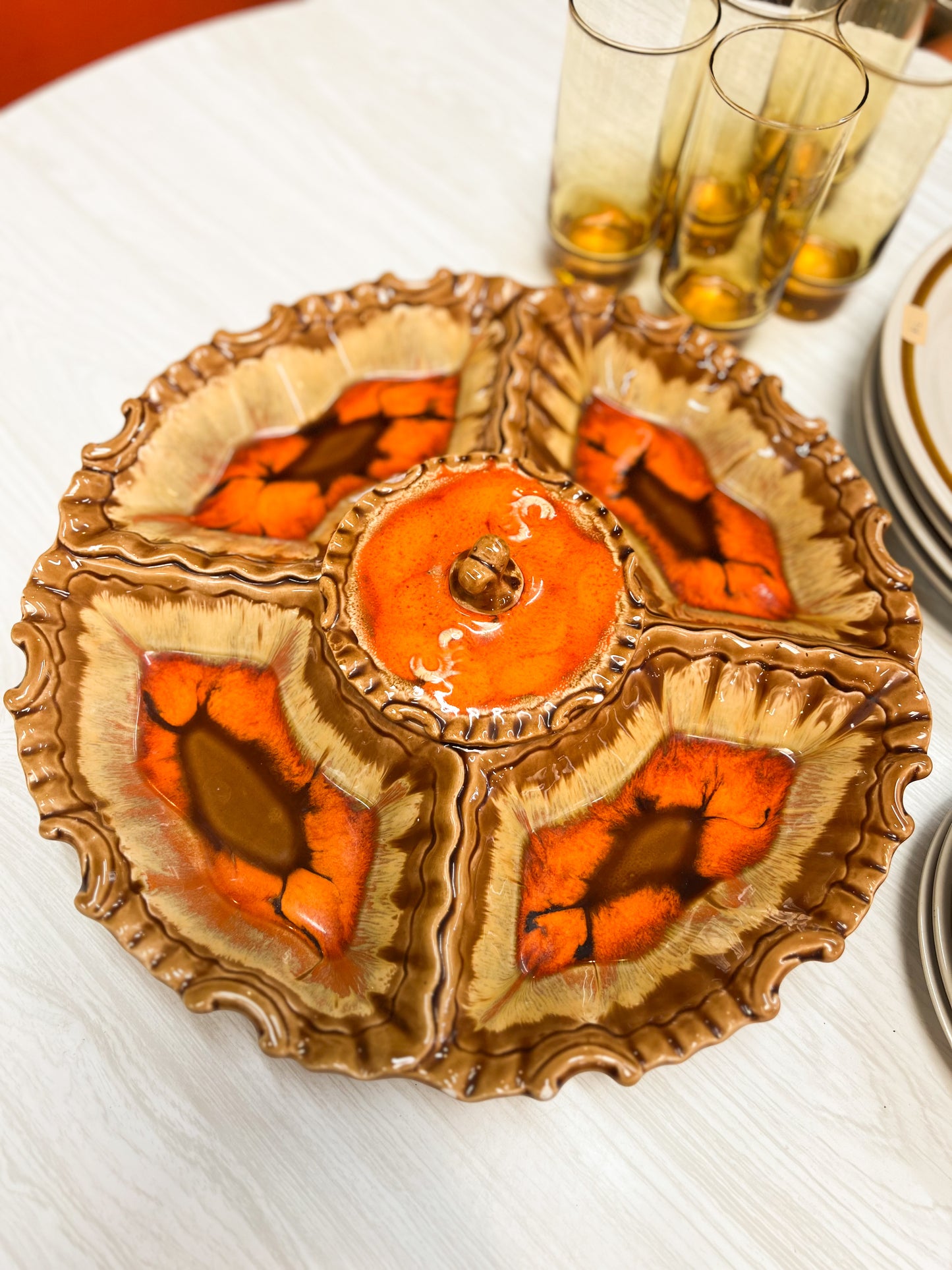 Ceramic Divided Serving Platter with Lidded Centre Bowl – Orange & Brown