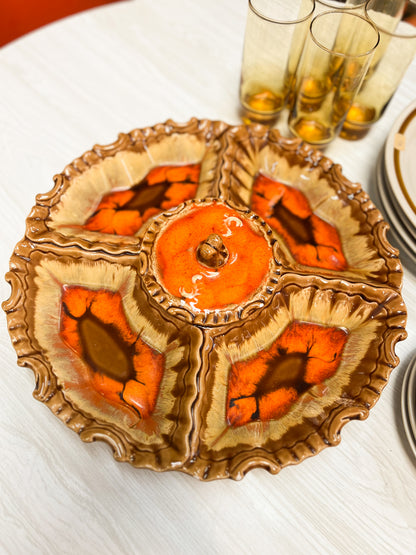 Ceramic Divided Serving Platter with Lidded Centre Bowl – Orange & Brown