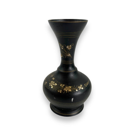 Black metal vase with gold etched flower design