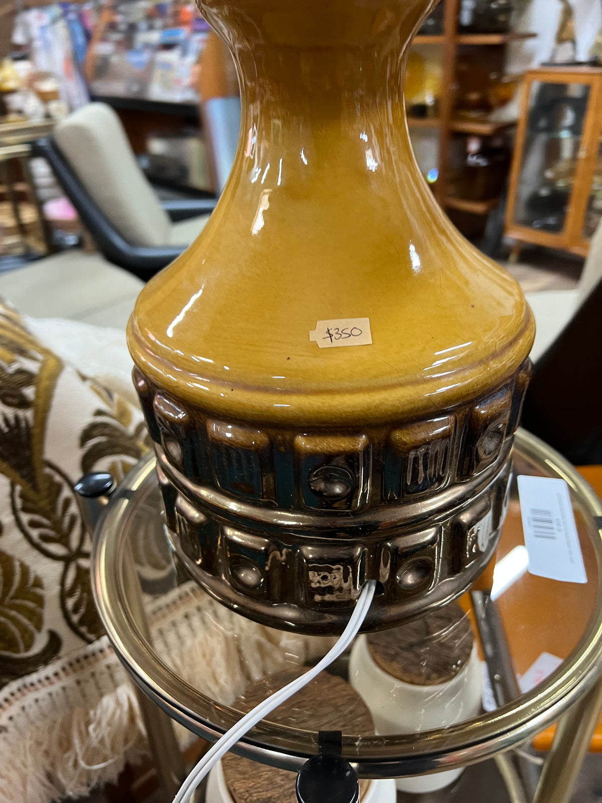 1970s Mustard & Brown Ceramic Table Lamp with Original Shade