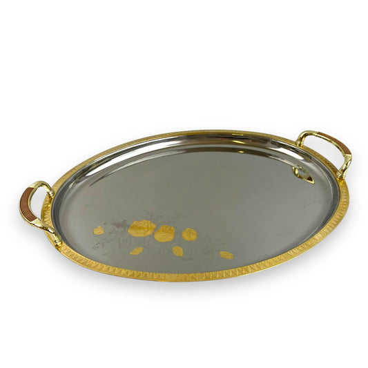 Chrome with gold trim large serving platter with rose design