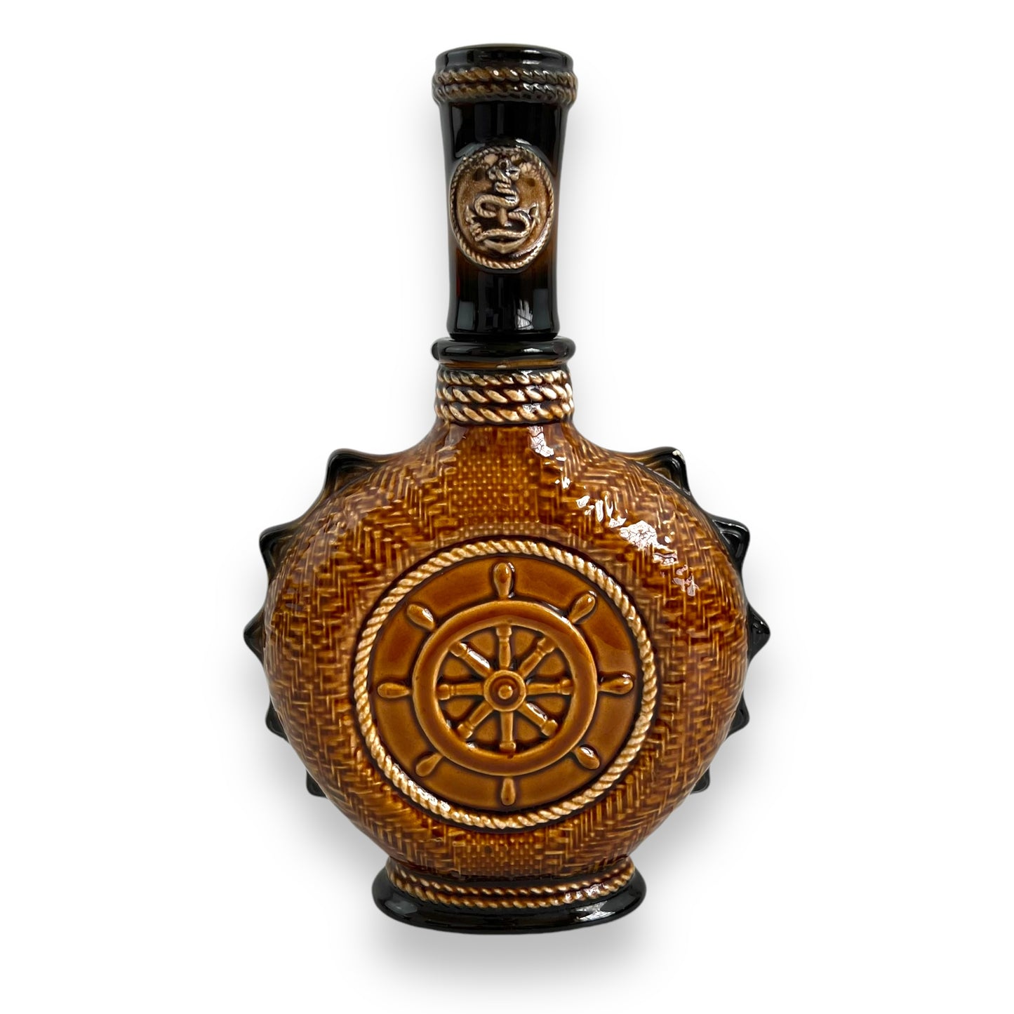Brown Ceramic Decanter with Ship and wheel design.