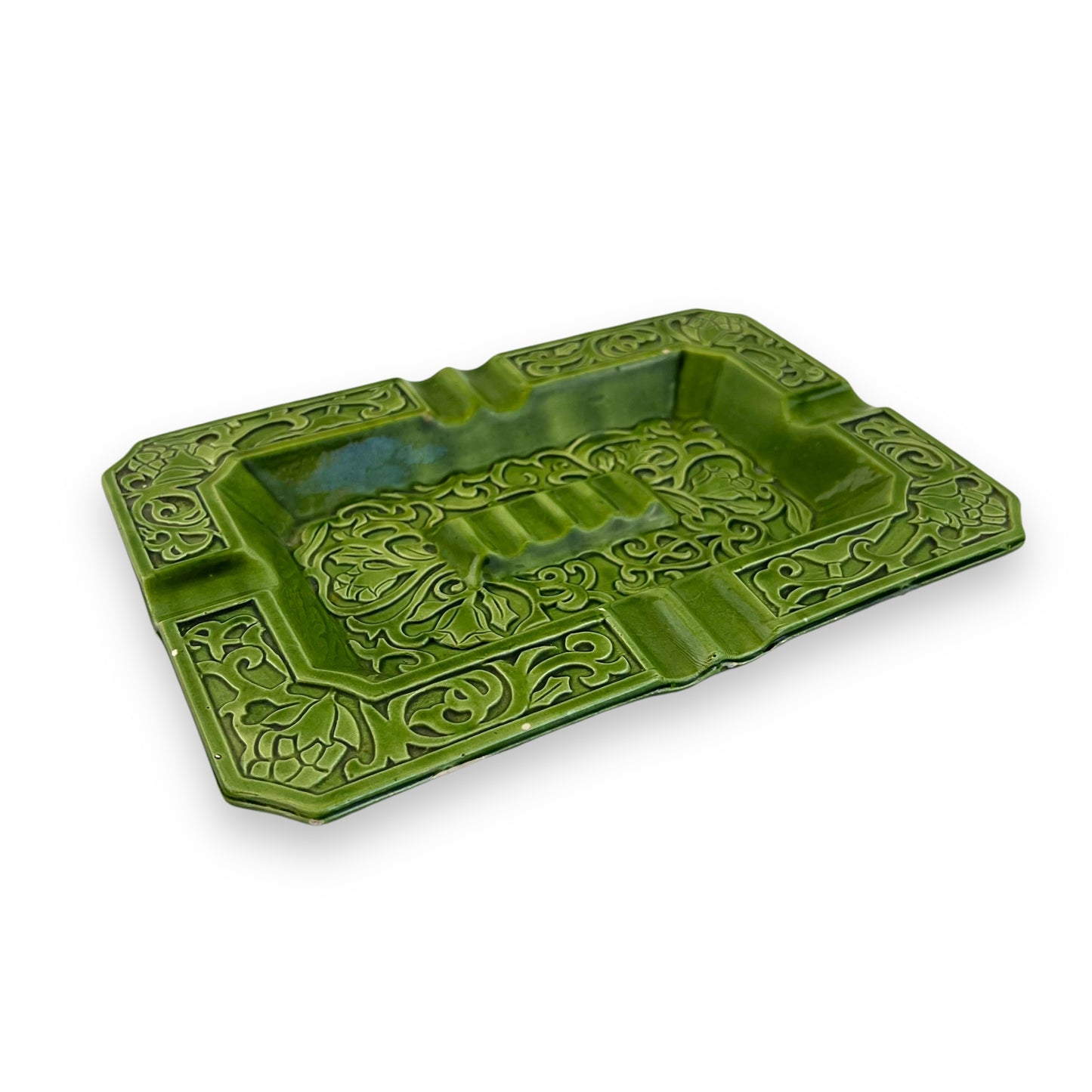 Green Ornate Pattern Ceramic Ashtray - Made in Japan