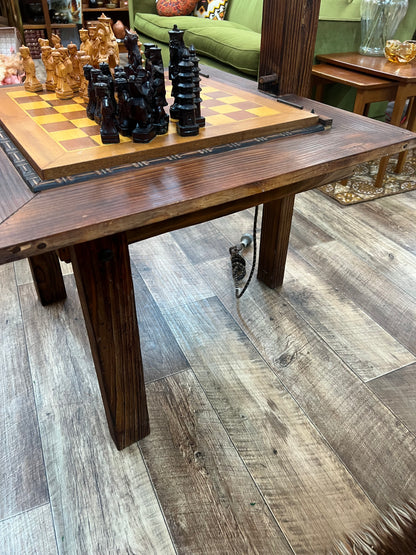 Timber Chess / Games Coffee Table with Hidden Storage Compartment & Lamp