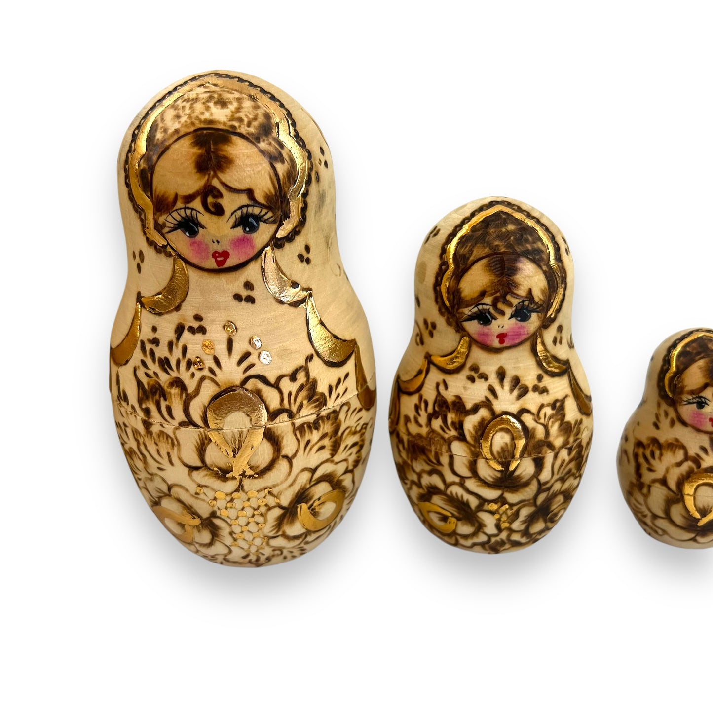 Russian Matryoshka Nesting Dolls Set of 5 - Hand-Painted Gold and Brown Floral Design