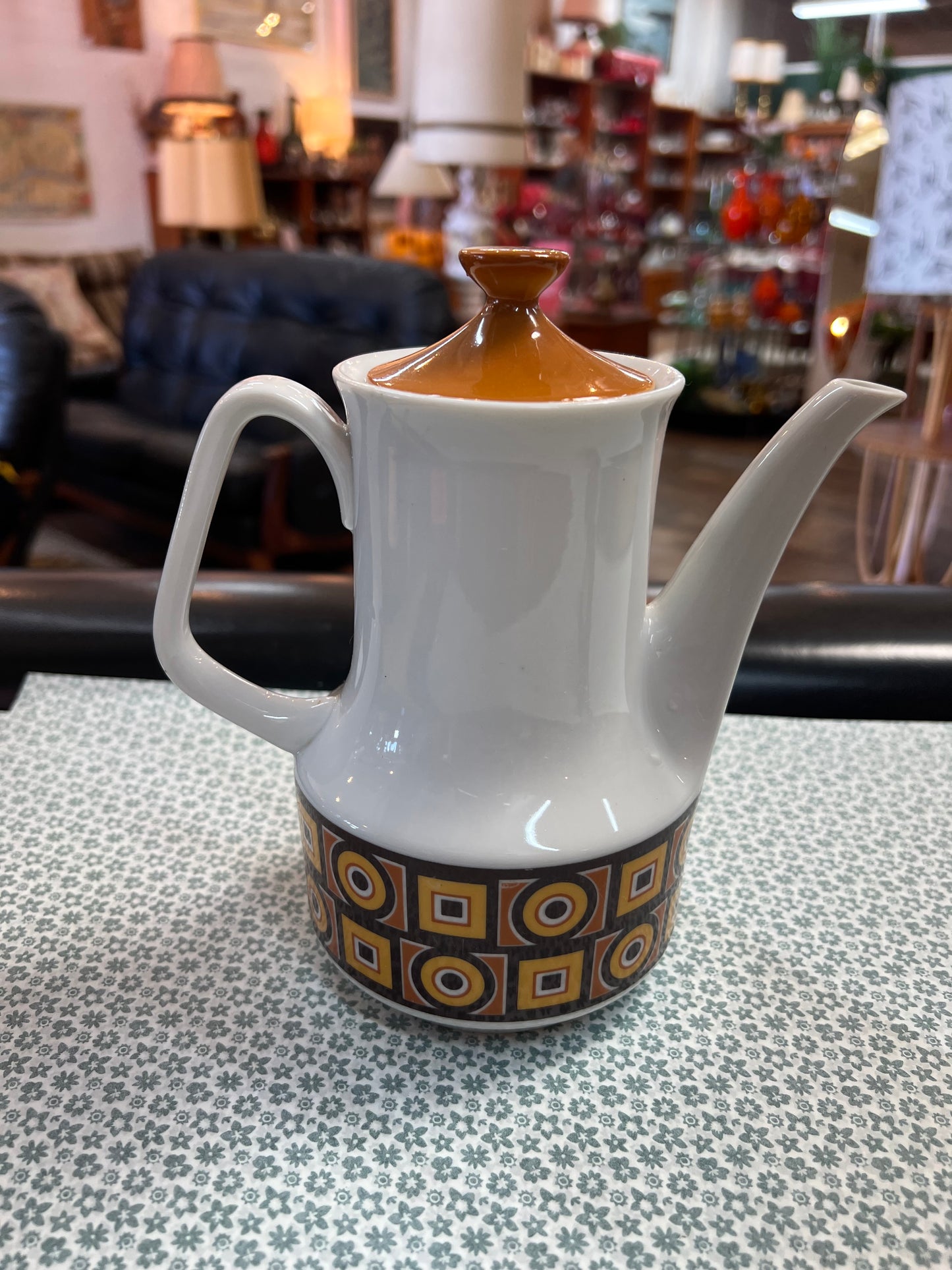 1970s Retro Coffee Pot – Geometric Pattern Ceramic Coffee Server – Made in Japan