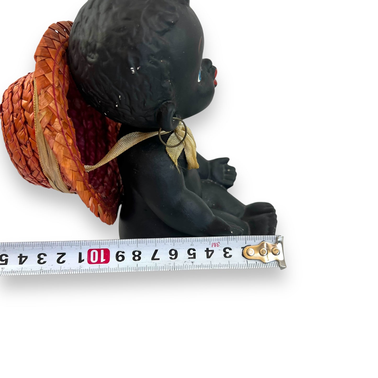 Black Ceramic Kewpie Doll with Straw Hat & Earrings - Made in Japan