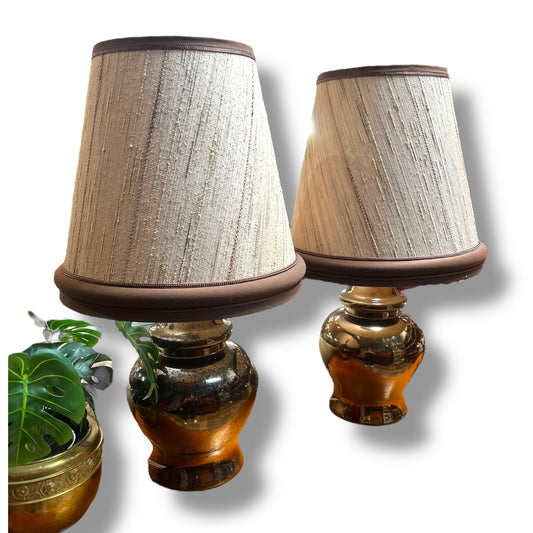 Pair of 1970s Brown Glazed Ceramic Table Lamps with Original Fabric Shades