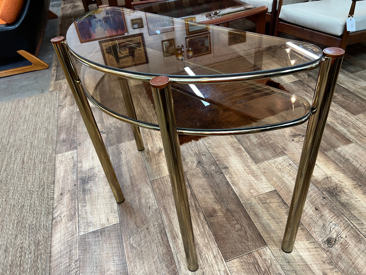 Brass Half Moon Console Table with Smoked Glass / Two-Tier Hall Table