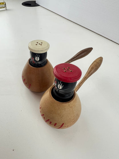Peppy & Salty Cat Salt & Pepper Shakers with Timber Holders