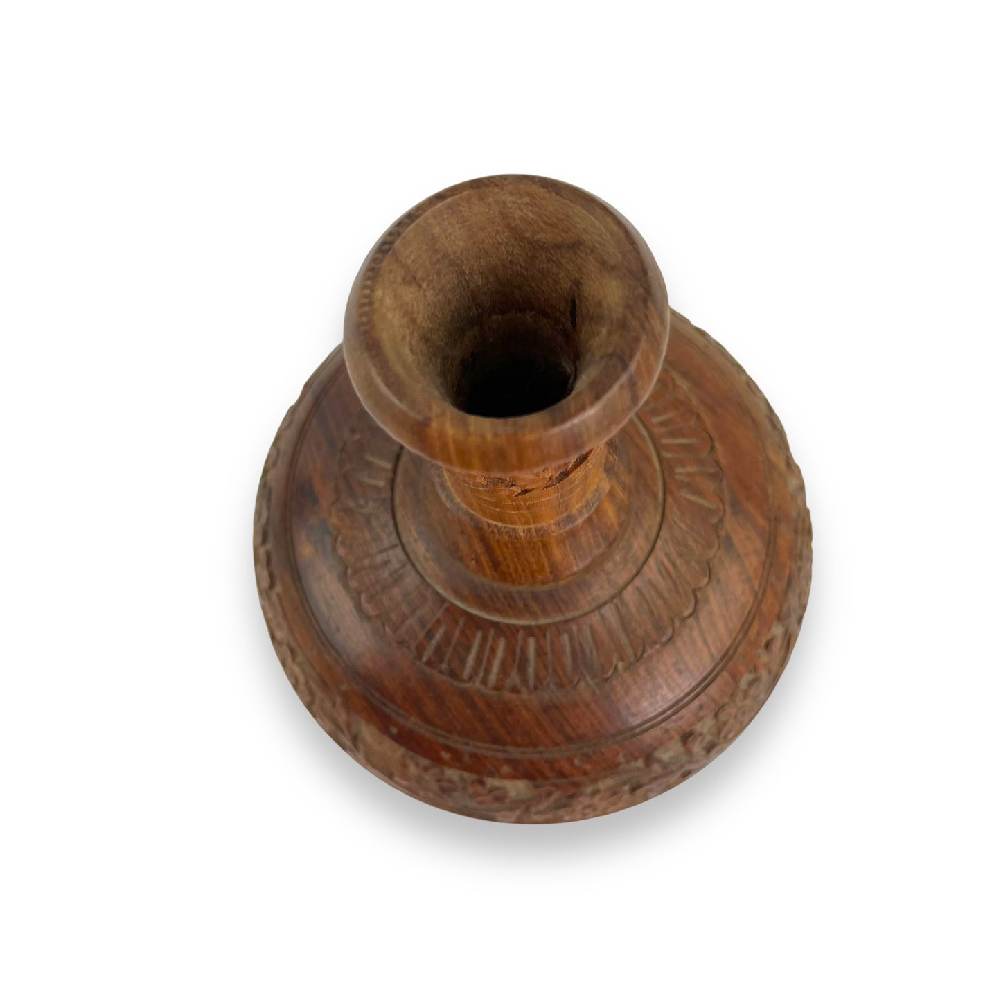 Wooden flower carved skinny neck vase
