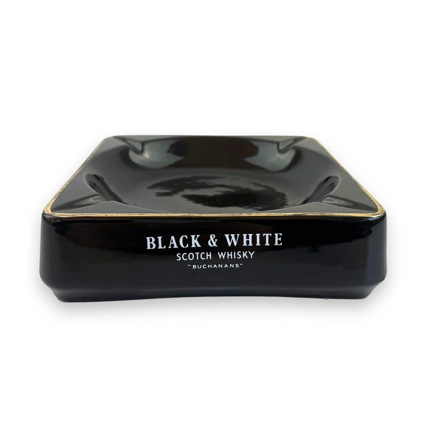 Black and white scotch whiskey branded black ceramic square ashtray