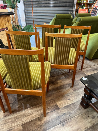 Set of 6 Vintage Burgess Dining Chairs | Mid Century Timber & Green Velvet