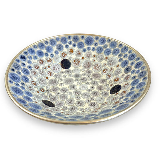 Mosaic Stone Decorative Bowl with Blue and Earth-Tone Pattern