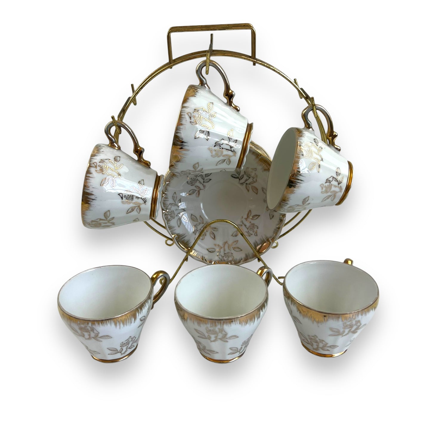 Vintage Japan Tea Cup and Saucer Set with Gold Accents and Floral Design on Brass Rack - 11 piece set