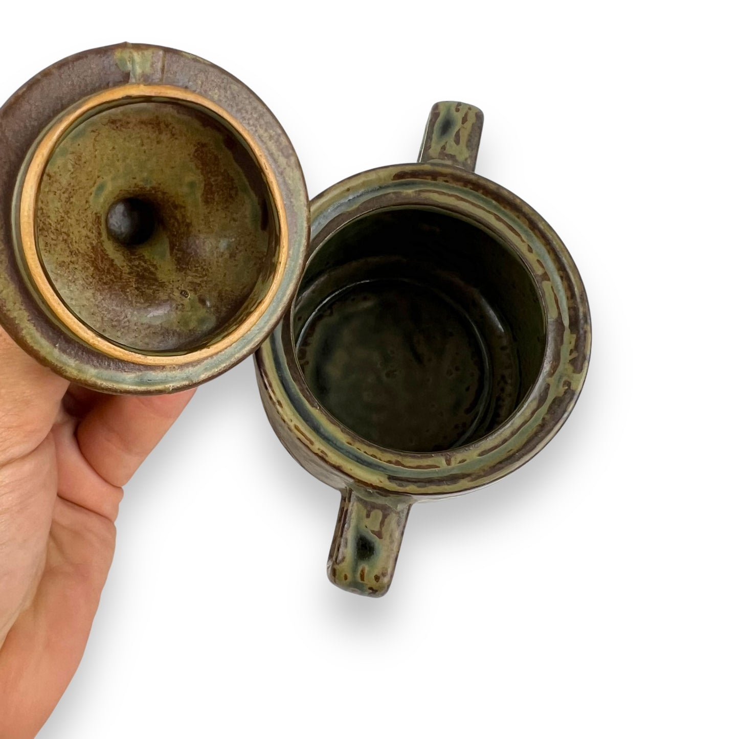 Pottery Leaf Dark Green Sugar Bowl with Lid - Made in Japan