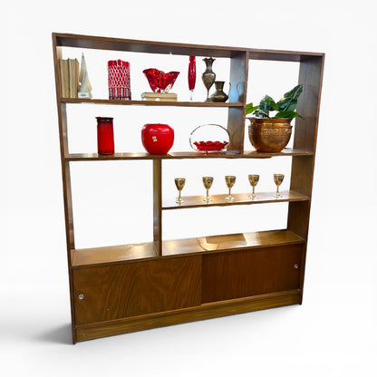 Mid-Century Modern Room Divider Bookcase with Sliding Door Storage