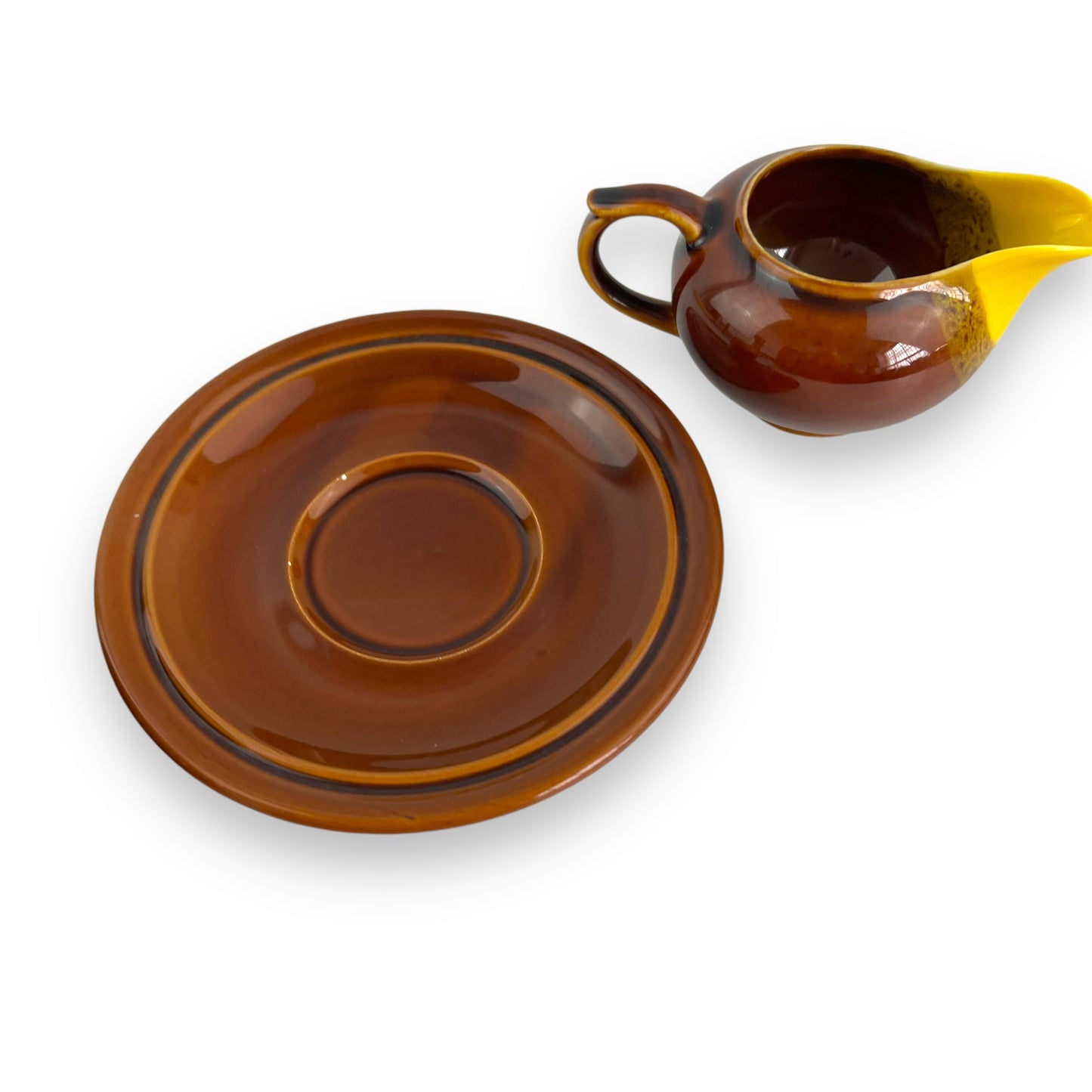 Brown & Yellow Tea Cup, Saucer & cream jug