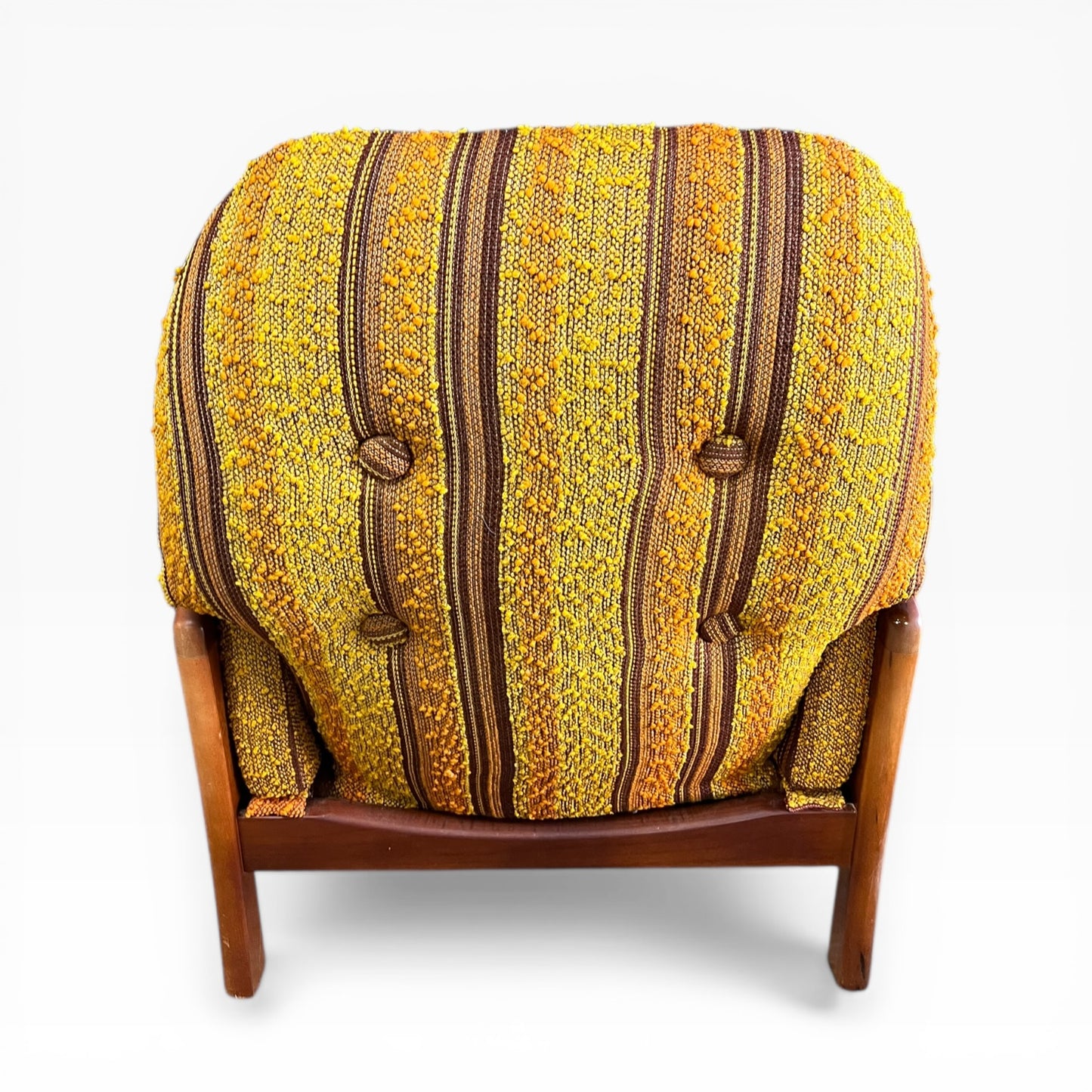 VanderOza Mid-Century Armchair in Original yellow, orange and brown Textured wool Stripe Upholstery