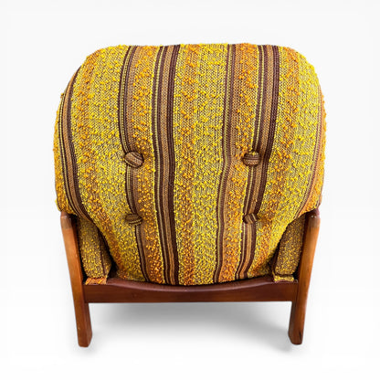 VanderOza Mid-Century Armchair in Original yellow, orange and brown Textured wool Stripe Upholstery