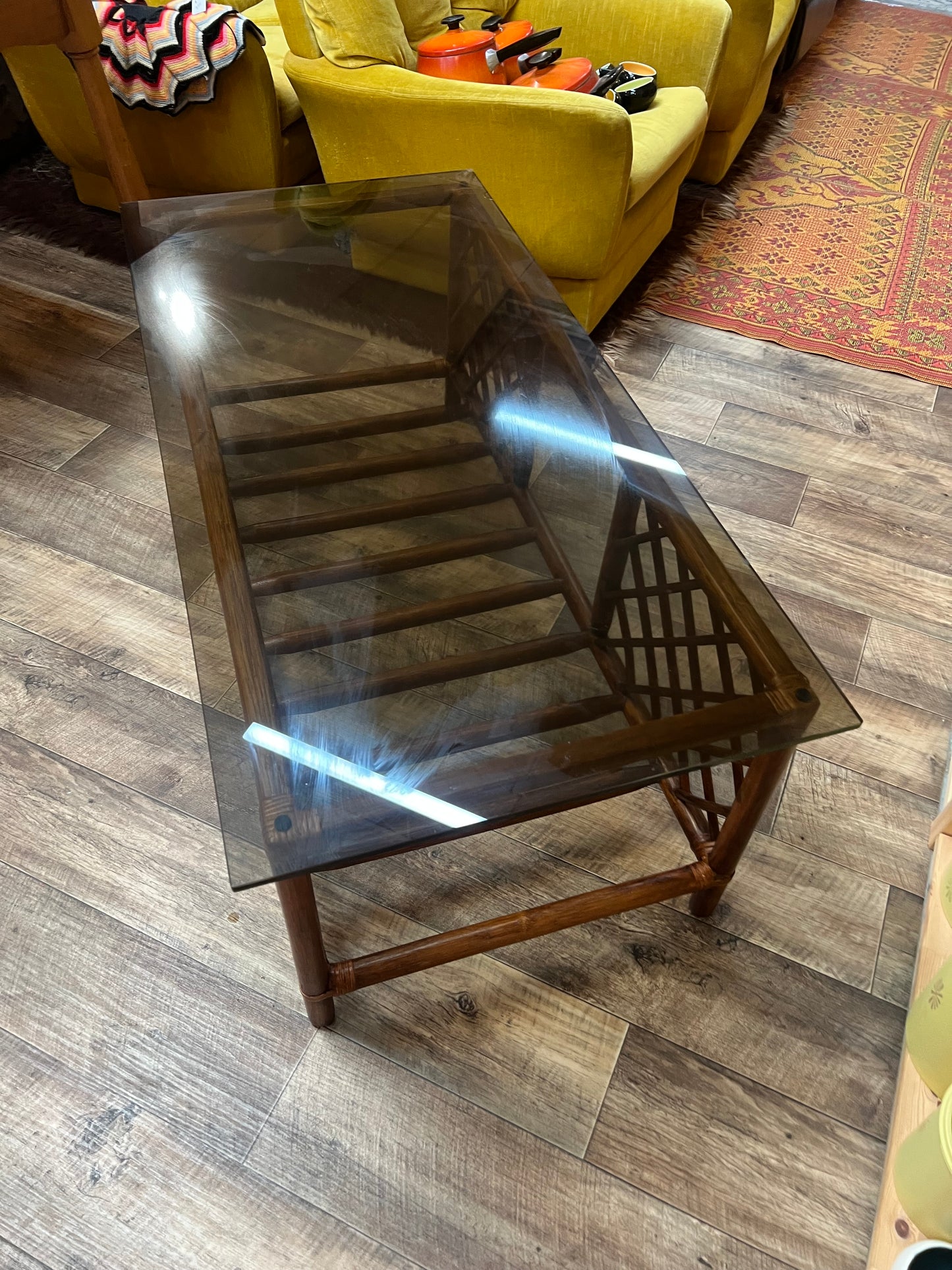 Brown Rattan/Cane Coffee Table with Smoked Glass Top