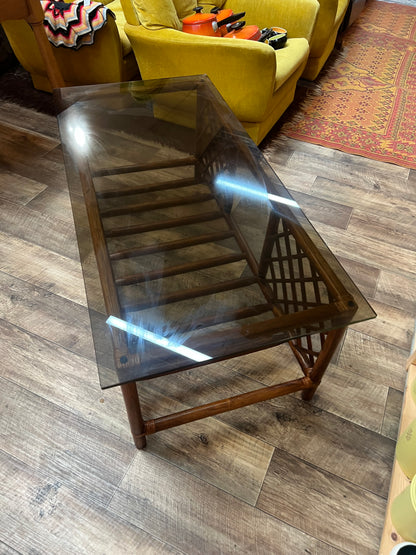 Brown Rattan/Cane Coffee Table with Smoked Glass Top