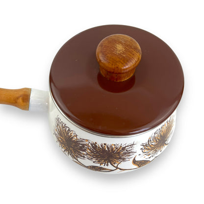 Brown Flower Enamel Fondue Pot with wooden handle